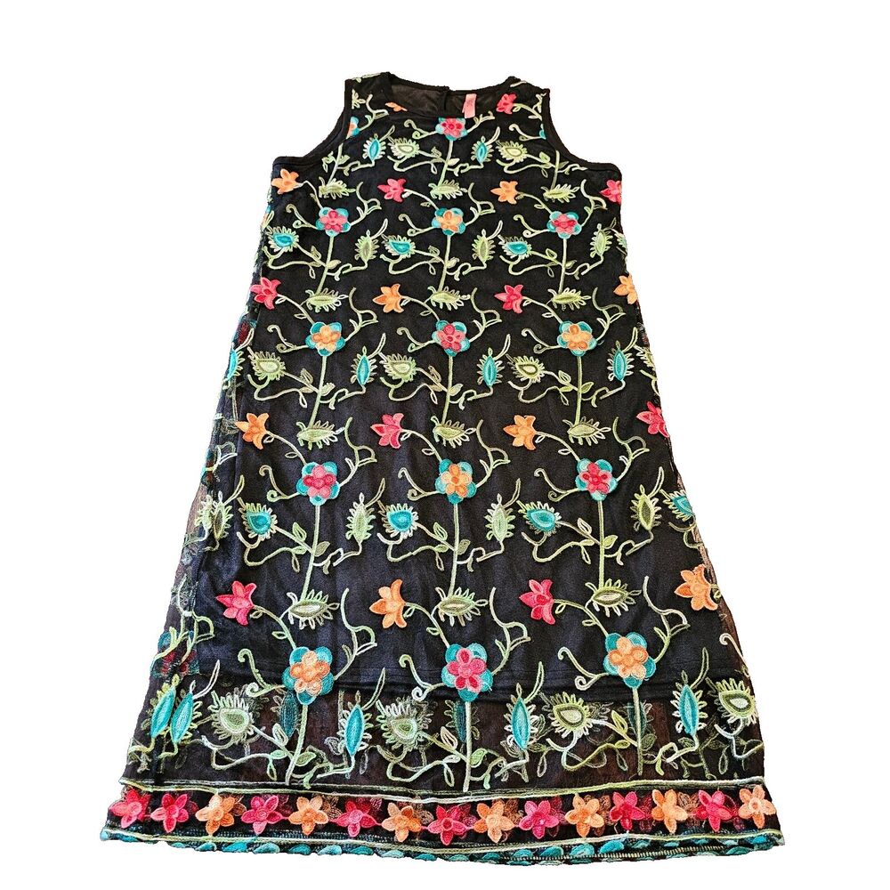 Black Mesh Embroidered Floral Dress  Sz M Festival Boho Romanticcore Cottagecore